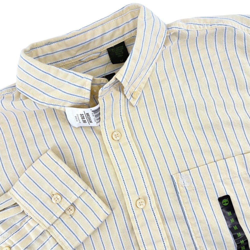 Timberland Mens Striped Button Down Shirt Yellow Blue Long Sleeve Medium NEW